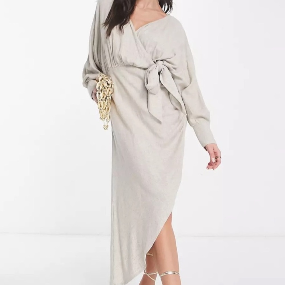 Linen batwing tie side midi dress asymmetric